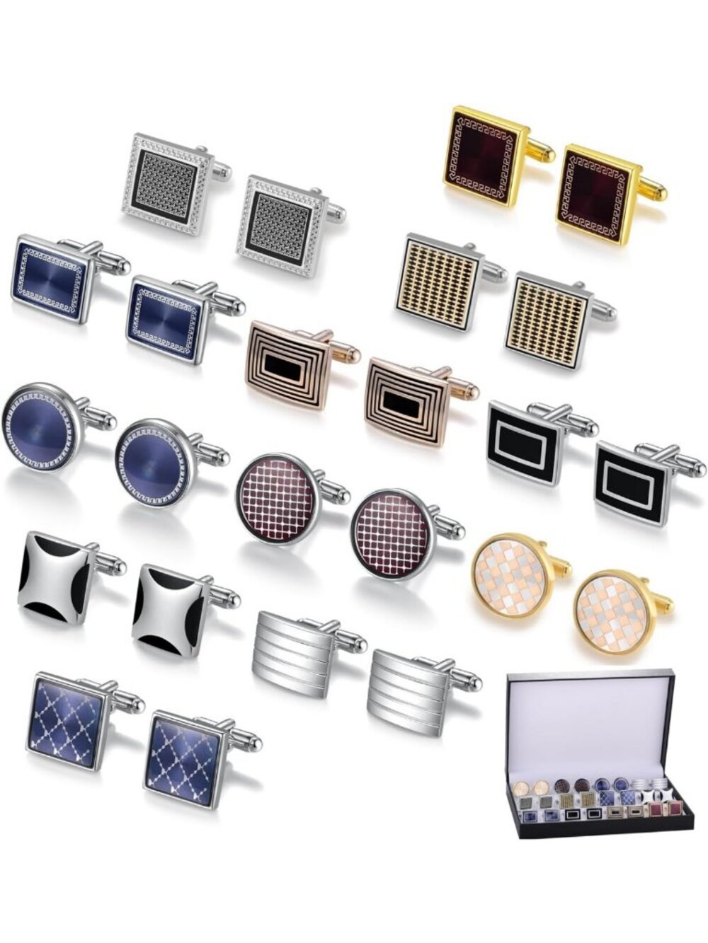 12 Pairs Men's Cufflinks Set - Classic Silver & Gold Tone Fashion Accessories